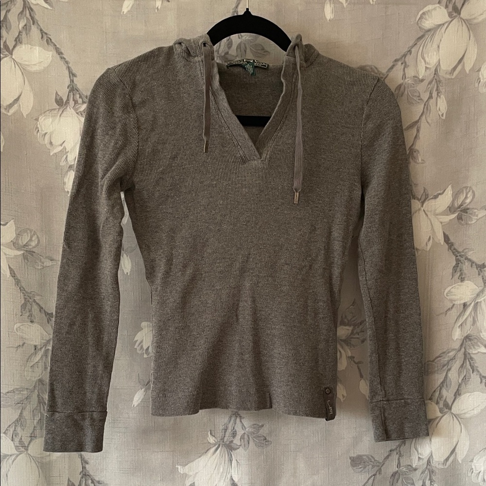 Lauren Active Ralph Lauren Stylish Gray  waffle knit V-Neck Hooded Sweater XS